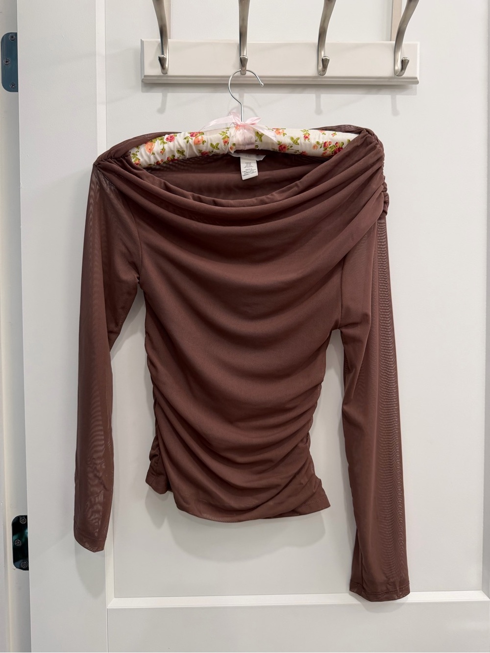 H&M Women's Off-Shoulder Mesh Ruched Long Sleeve Top - Brown
